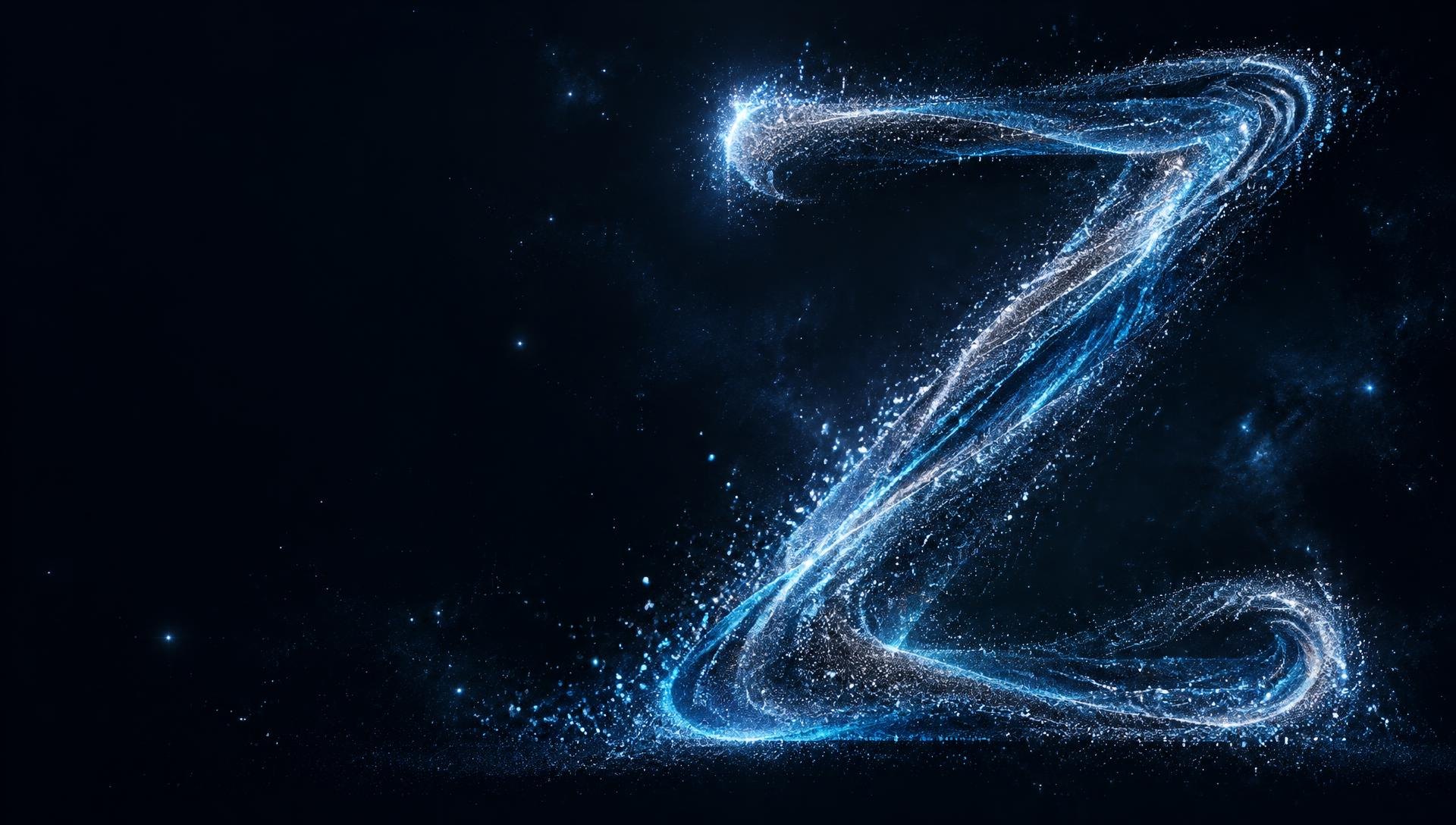 A luminous Z formed from swirling blue and silver particles